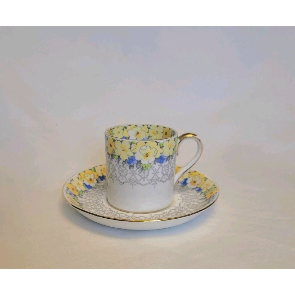 Vintage Crown Staffordshire Demitasse Set Yellow Blue Flowers